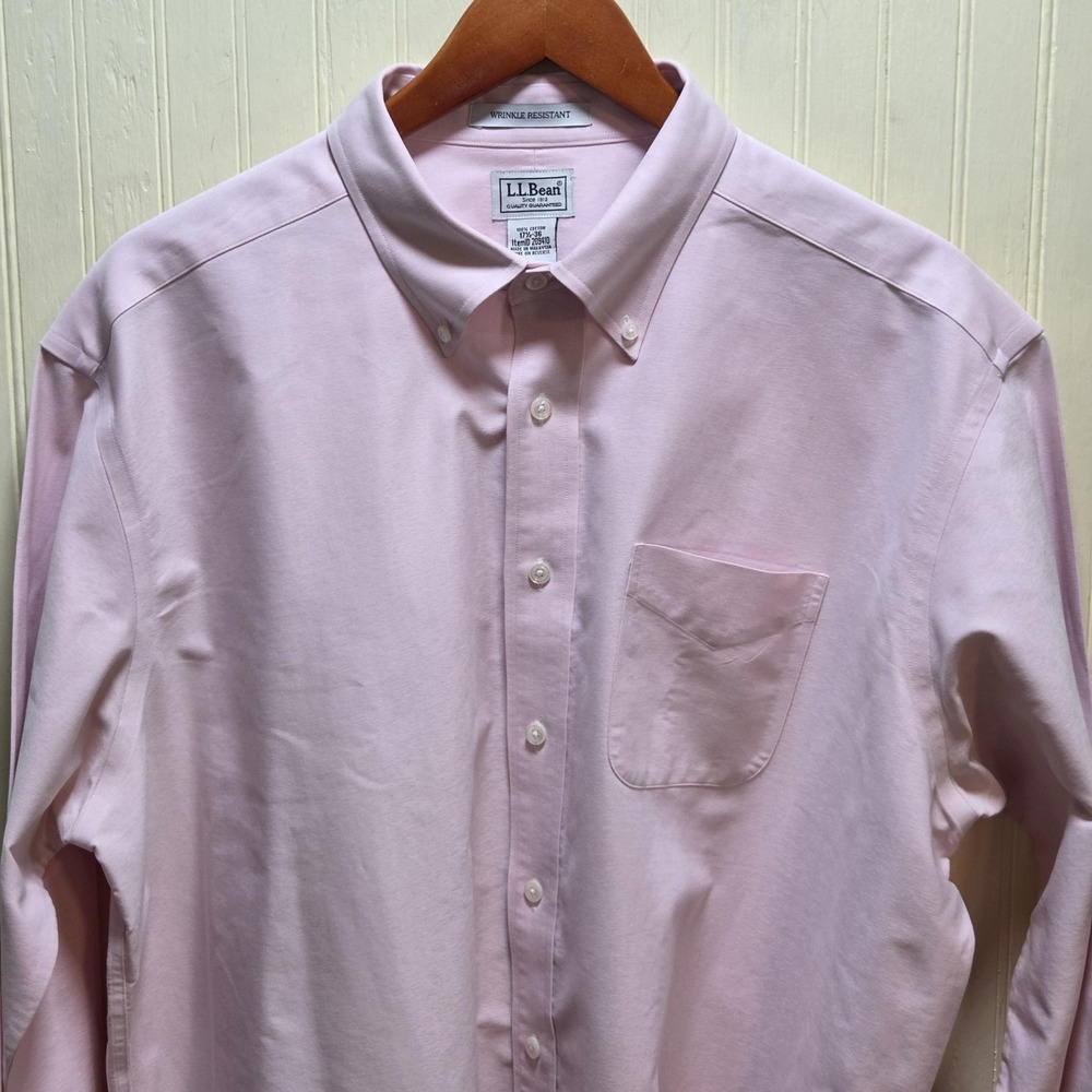 L.L. Bean Dress Shirt Mens 17.5 36/37 Pink Wrinkle Resistant Cotton Long Sleeve